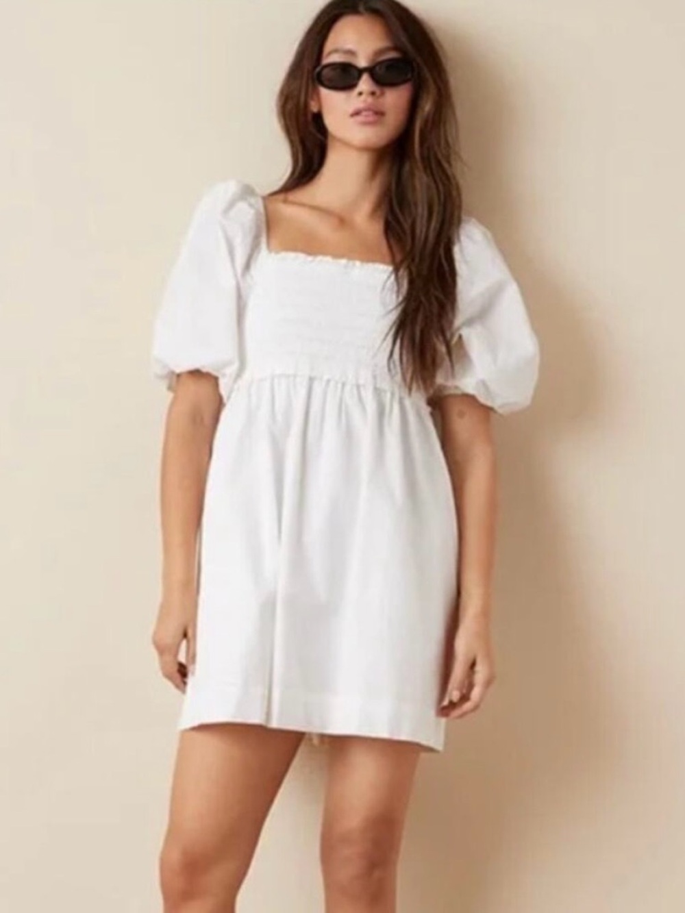 AE White Puff-Sleeve Smocked Mini Dress